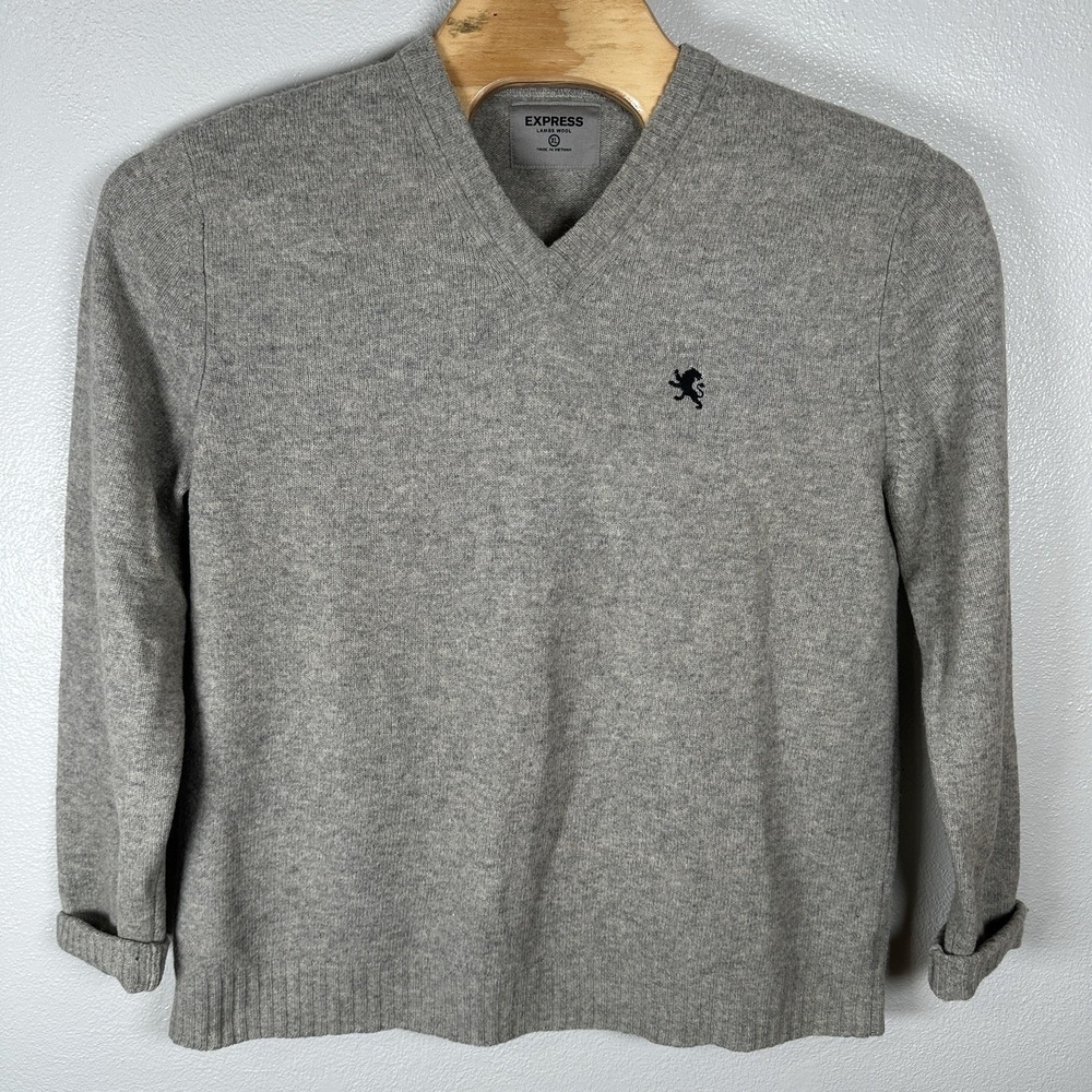 Vintage Express Lambswool V-Neck Pullover Sweater Mens Size XL Light Gray Preppy